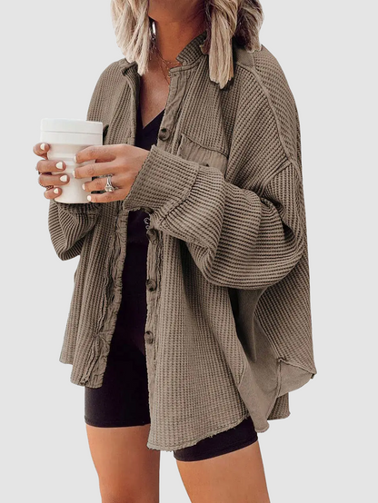 ⏰Hot Sale-Women's Loose Fit Batwing Sleeve Waffle Knit Button Down Shacket Top