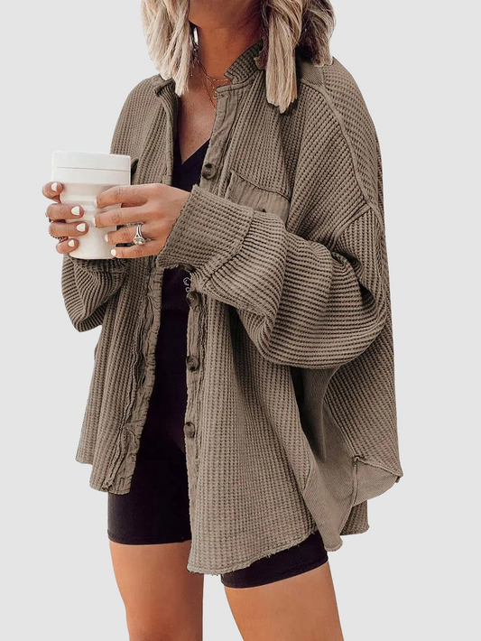 Women's Loose Fit Batwing Sleeve Waffle Knit Button Down Shacket Top