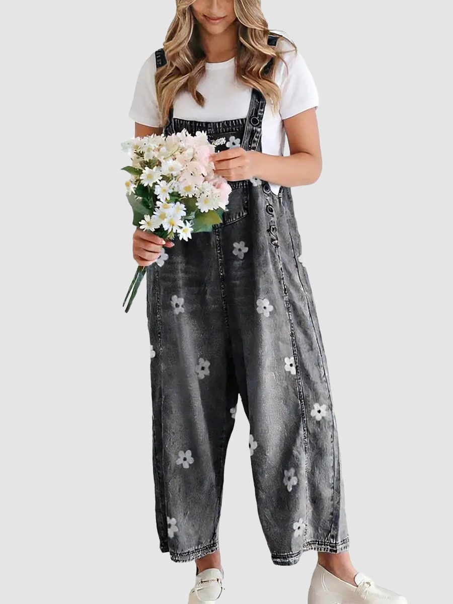 Vintage Floral Jacquard Bib Overalls With Adjustable Straps Wide Leg Denim Jumpsuit