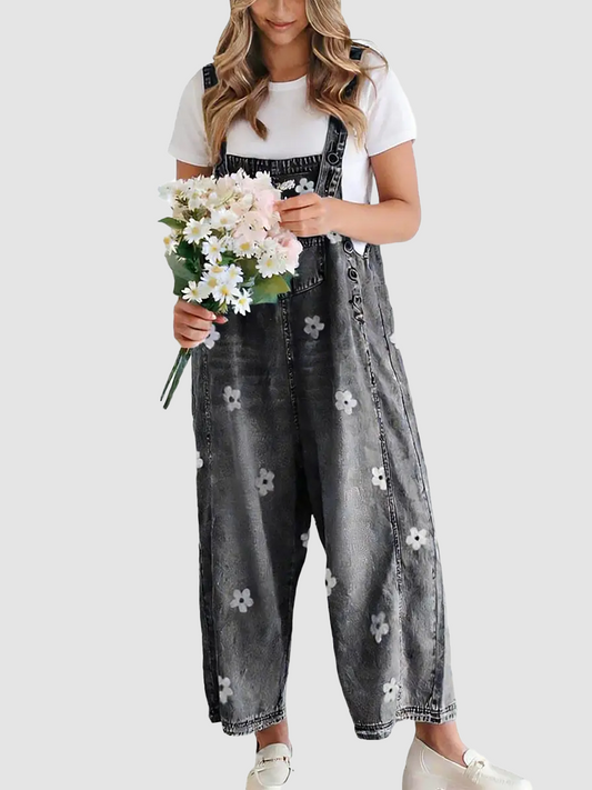 Vintage Floral Jacquard Bib Overalls With Adjustable Straps Wide Leg Denim Jumpsuit