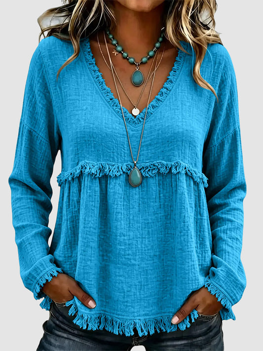 Boho V‑Neck Fringe Long Sleeve Top & Babydoll Loose Silhouette