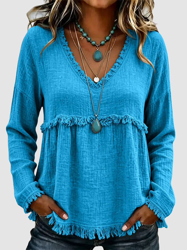 Boho V‑Neck Fringe Long Sleeve Top | Babydoll Loose Silhouette