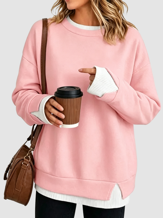 Fake Two Piece Ribbed Patchwork Oversized Crew Neck Long Sleeve Sweatshirt