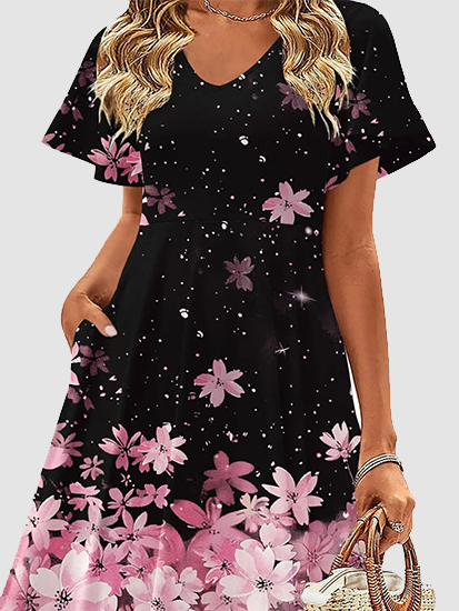 Floral V-Neck Ruffle Sleeve A Line Midi Dress With Pockets Summer Casual Sundress