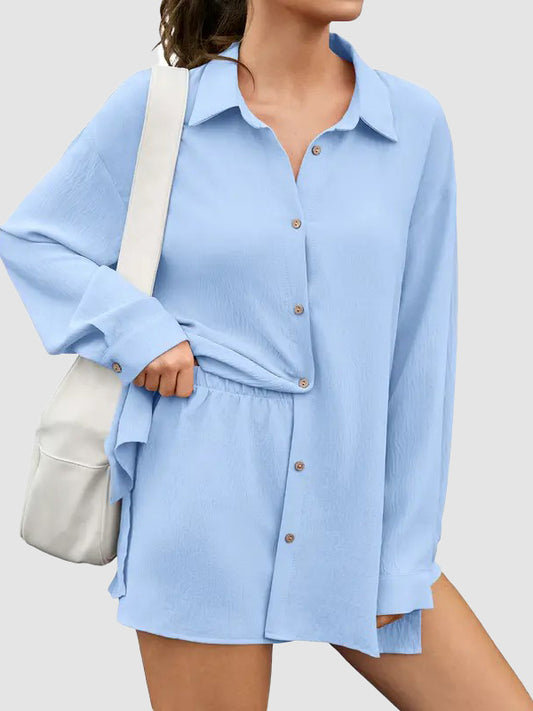 Womens Shirt & Shorts Set 2-in-1 Button Connected Oversized Long Sleeve Button