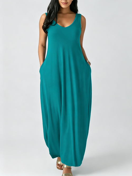 Women Sleeveless Backless Pocket Maxi Loose Casual Daily Long Dress