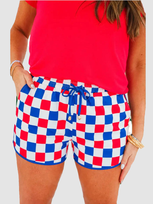 🥰Ladies Check Drawstring Elastic Waist Summer Casual Shorts