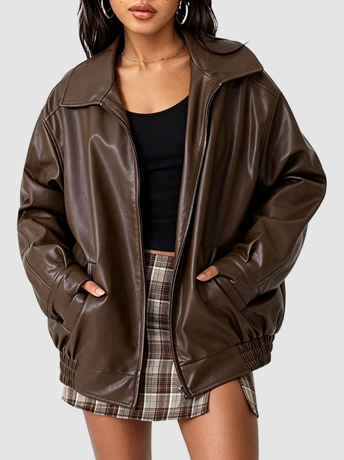 Structured Lapel Zip Moto Jacket With Side Pockets Moderately Roomy Medium Length Coat