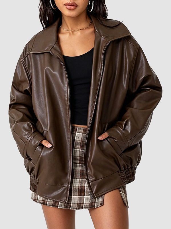 Structured Lapel Zip Moto Jacket With Side Pockets Moderately Roomy Medium Length Coat