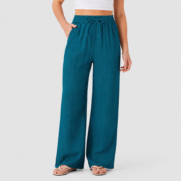 High Waisted Drawstring Pocket Wide Leg Baggy Casual Linen-Feel Pants