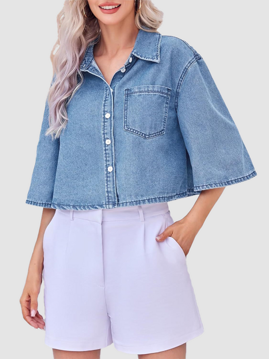Women Cropped Lapel Shirt Jacket, Waist-Lifting Half Sleeve Layering Outerwear