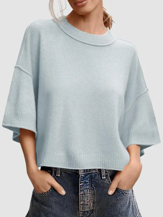 Oversized Cropped Short‑Sleeve Knit Top 🍂 Drop‑Shoulder Crew Neck Exposed‑Stitching Casual Tops