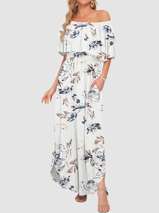 Women's Off Shoulder Floral Maxi Dress with Pockets & Slit