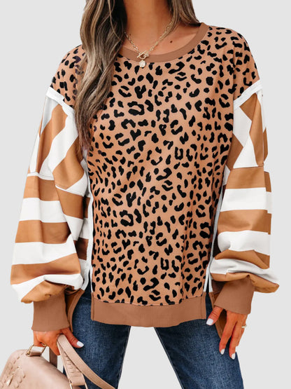 🐆Leopard Stripe Colorblock Crewneck Sweatshirt , Oversized Drop Shoulder Top