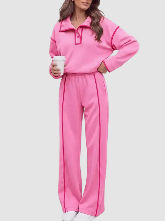 Contrast Piping Long Sleeve Wide Leg Pant Set