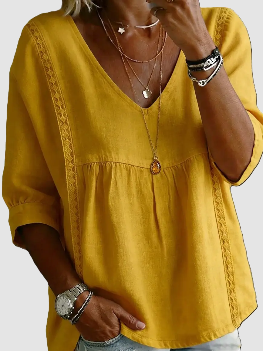 Women's V Neck Lace Trim Babydoll Blouse