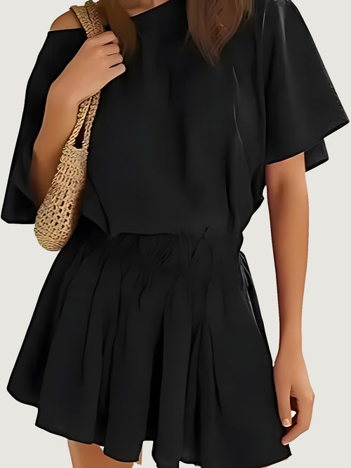 Hot Sale-Women’s Casual Short Sleeve Elastic Waist Loose Flowy Mini Skirt Dress