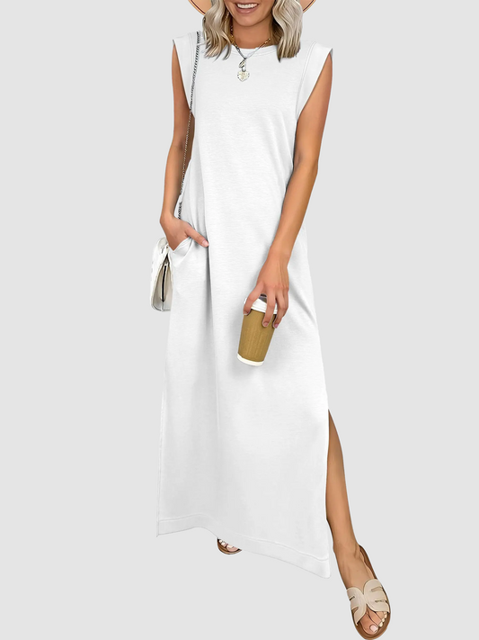 Women Wrinkle Free Sleeveless Pocket Split Loose Maxi Casual Daily Dress