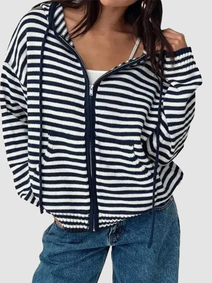 Women Y2K Striped Zip‑Up Hooded Oversized Jacket