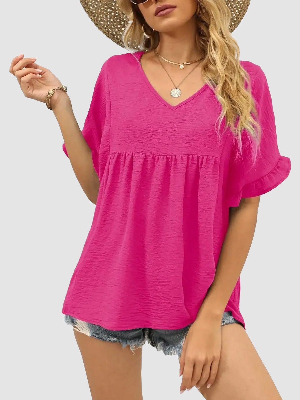 Womens Casual V Neck Ruffle Sleeve T Shirts Babydoll Loose Fit Peplum Tops