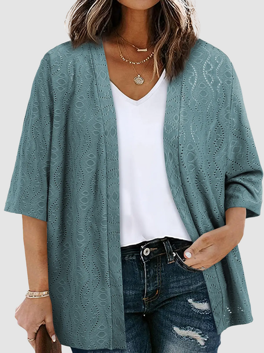 Women Jacquard Hollow Half Sleeve Open Front Cardigan Daily Layering Outer Tops