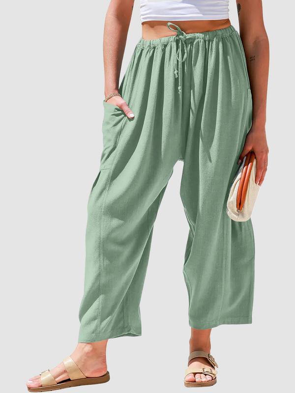 Oversized Side Pocket Wide Leg Cropped Pants Drawstring Vacation Summer Trousers
