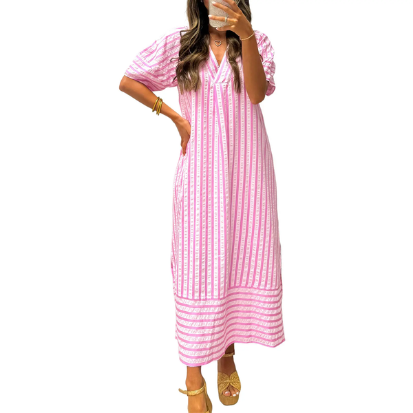 Women V Neck Puff Short Sleeve Striped High Waist Straight Midi Shift Dress