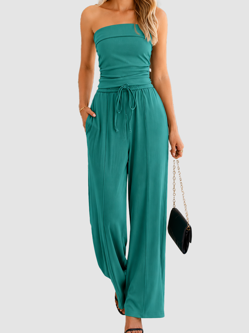 Women Anti-Slip Tube Top Wide Leg Pants 2 Piece Casual Matching Lounge Set