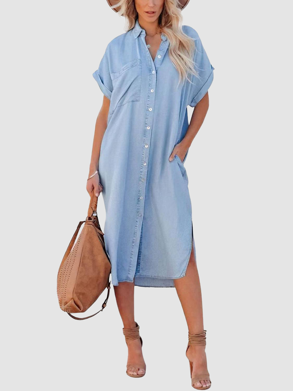 Women's Summer Loose Denim Shirt Dress with Pocket