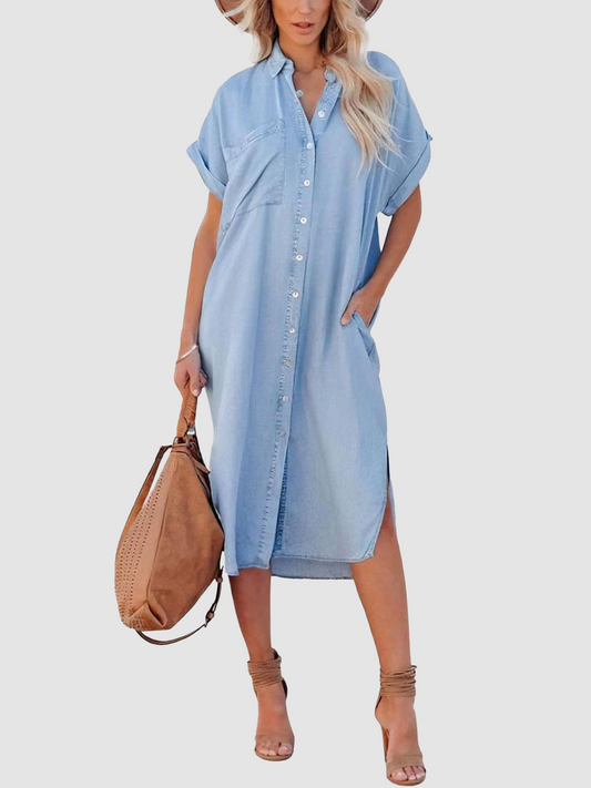 Women's Summer Loose Denim Shirt Dress with Pocket