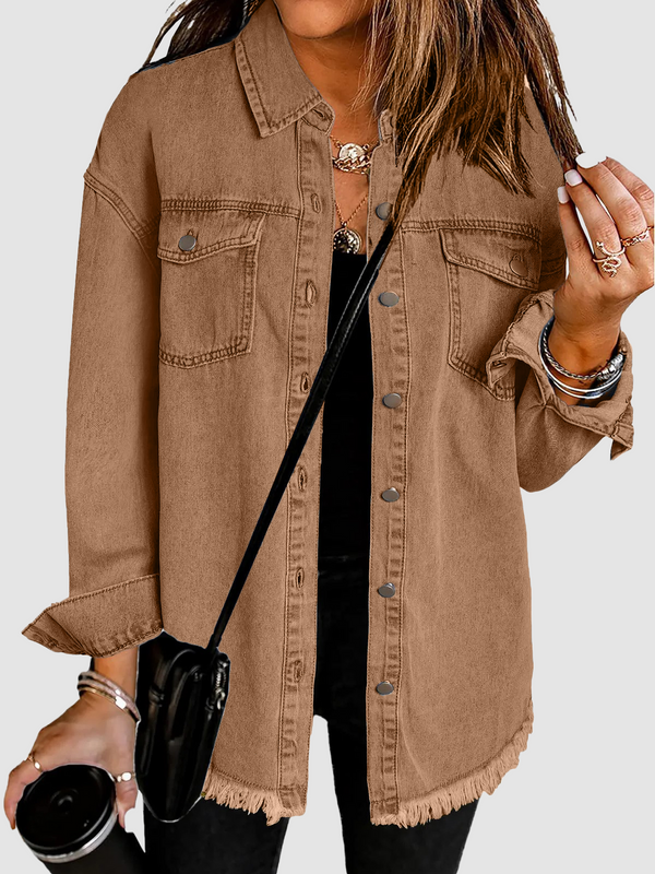Frayed Hem Relaxed Tailored Lapel Denim Jacket With Symmetric Chest Pockets