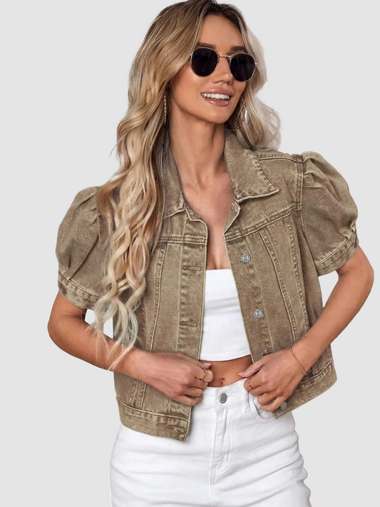 Women's Vintage Bubble Sleeve Light Wash Denim Jacket