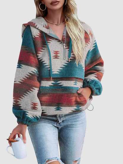 Western Boho Loose Fit Long Sleeve Hooded Pullover, Aztec Print Casual Sweatshirt For Ladies