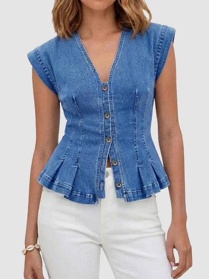 Women's Y2K V-Neck Pleated Denim Sleeveless Vest