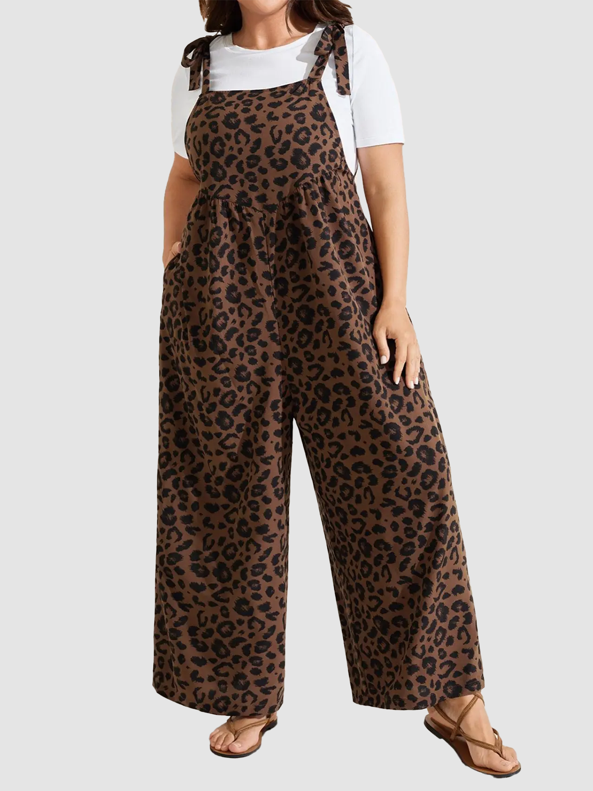 Casual Loose Fit Leopard Overalls Lightweight Wide Leg Jumpsuit With Pockets