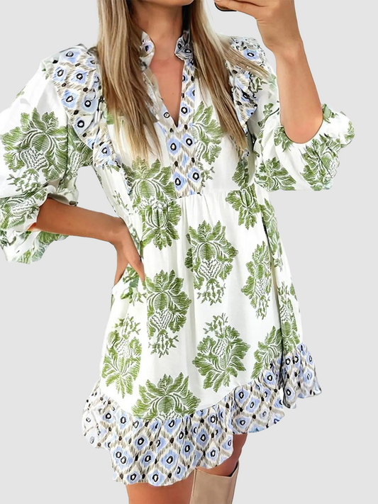 Women Puff Sleeve Ruffled Patchwork Printed V Neck Mini Dress with Pockets