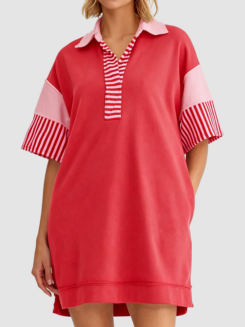 Oversized Color Block Striped Polo V Neck Mini Dress With Side Pockets