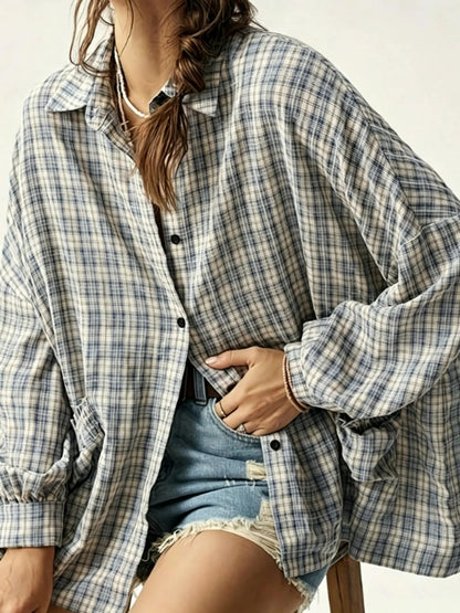 Women's Plaid Oversized Pouch Pocket Long Sleeve Shirt