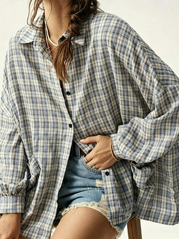 Women's Plaid Oversized Pouch Pocket Long Sleeve Shirt