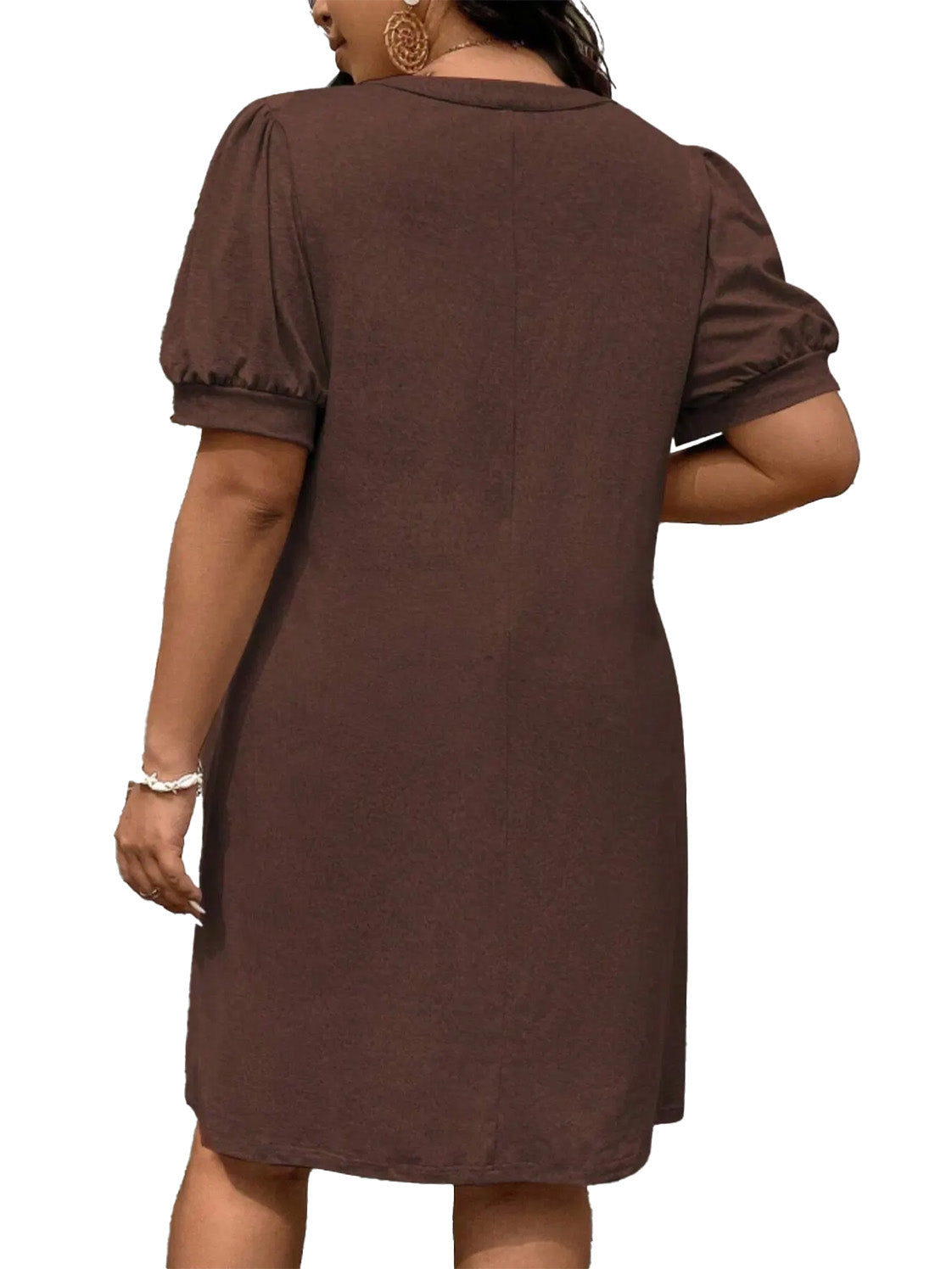 V‑Neck Bubble Sleeve Dress &Solid Color Loose A‑Line Mini Dress