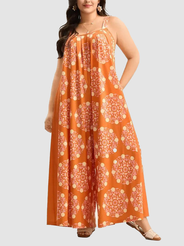 Boho Vacation Wide Leg Jumpsuit, Adjustable Straps & Convenient Side Pockets
