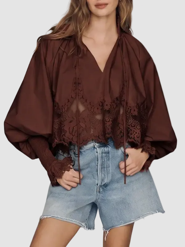 Lace Inset Puff Sleeve Tie V Neck Blouse For Women