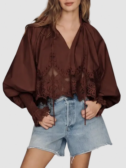 Lace Inset Puff Sleeve Tie V Neck Blouse For Women