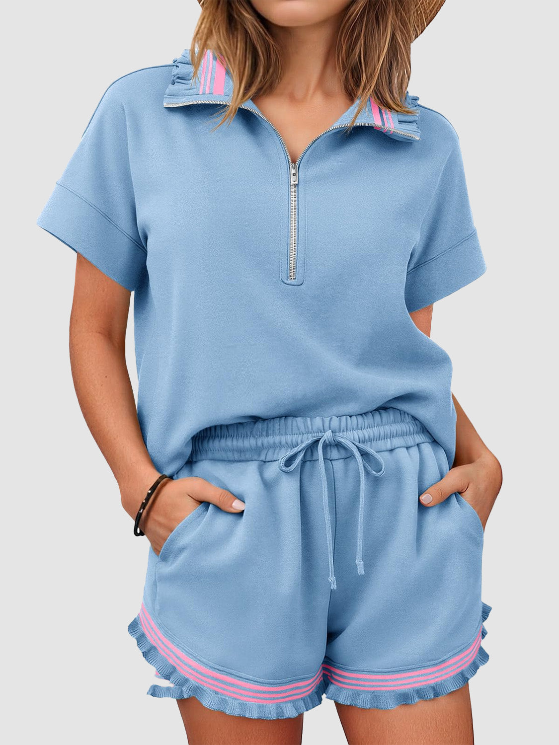 💙Women's Half Zip Ruffle Two Piece Short Set