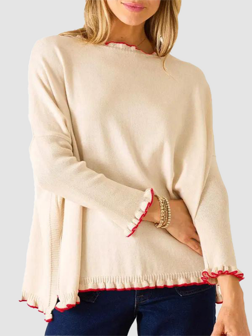 Hot Sale-Women's Long Sleeve Contrast Color Ruffle Hem Knit Top