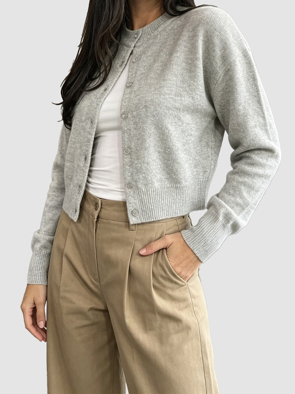 Crew Neck Button‑Front Cropped Cardigan | Sleek Clean Silhouette