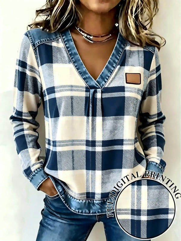 New Spring Fall Women's Fake Denim Patchwork Print V Neck Top