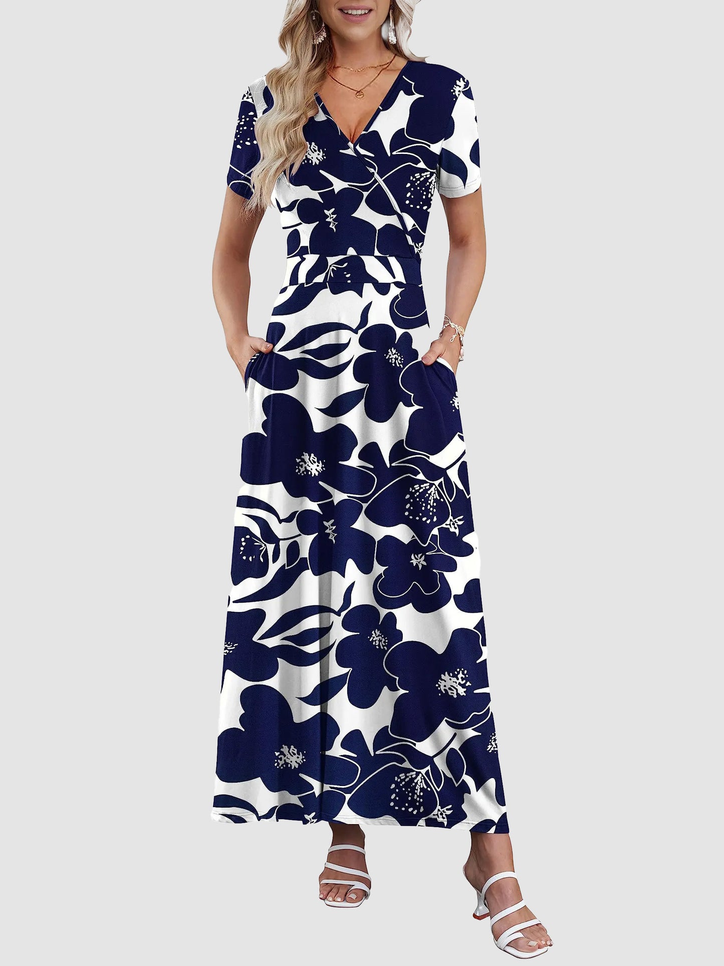 Women's V-neck ankle-length printed long flowing dress with pockets