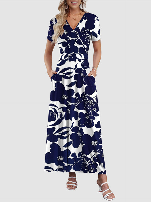Women's V-neck ankle-length printed long flowing dress with pockets
