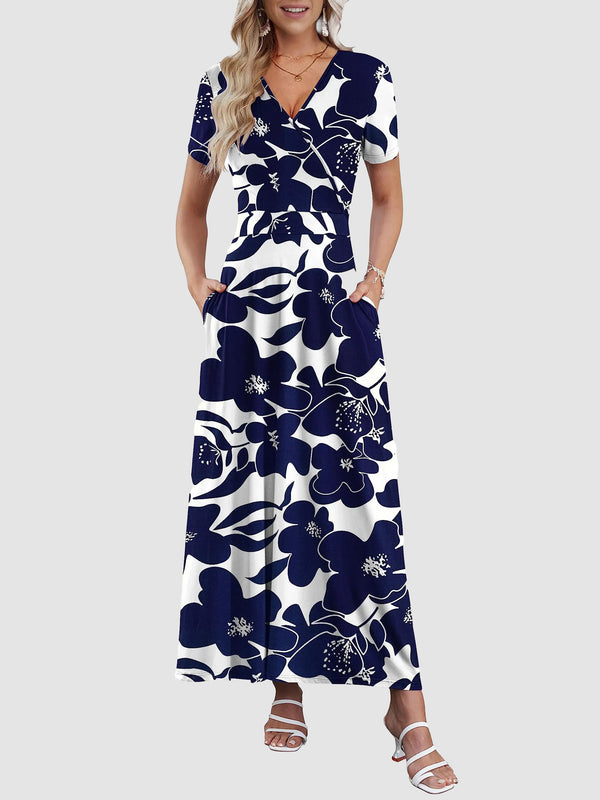 Women's V-neck ankle-length printed long flowing dress with pockets